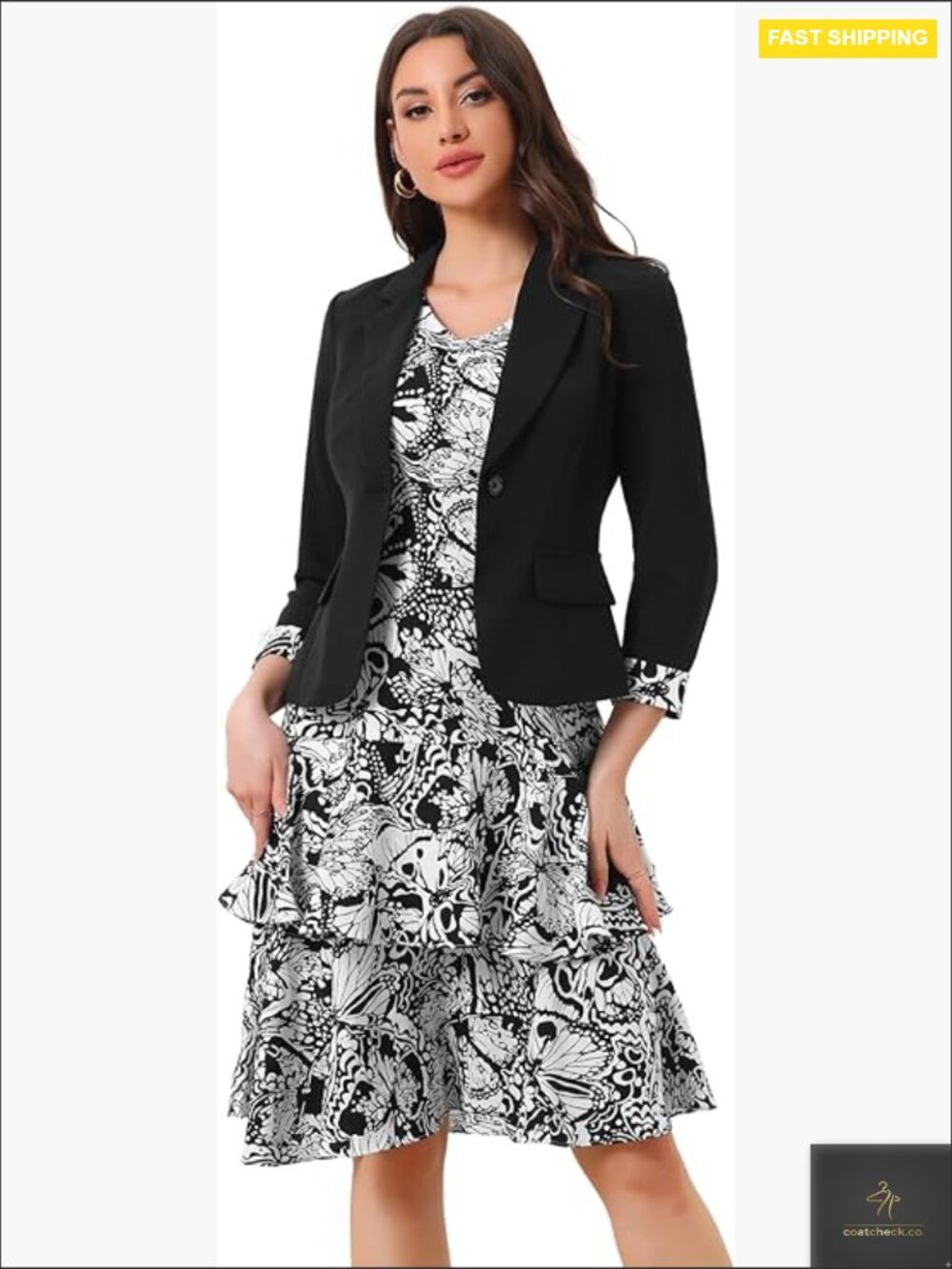 Floral Print Chiffon V-Neck Dress Suit Set Elegant Work Office Business